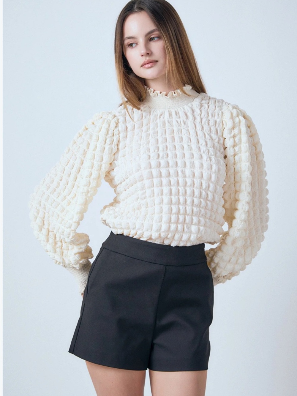 Endless Rose Cream Textured Puff-Sleeve Blouse
